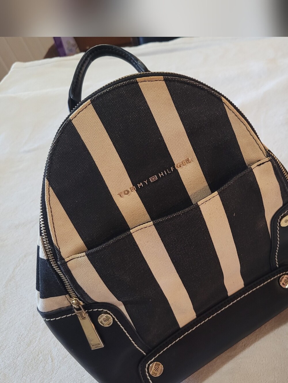 Tommy Hilfiger Women's Canvas Backpack Purse Navy Blue Stripes